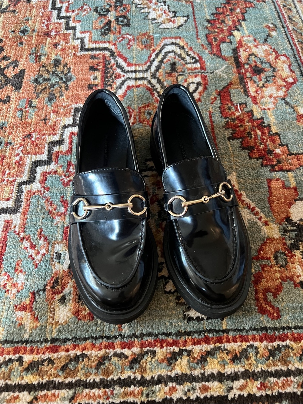 Women's Black Patent Loafers with Gold Bit Detail